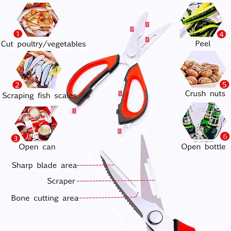 Heavy duty kitchen shears multifunctional scissors in red and black with serrated blades for cutting scraping crushing and opening.
