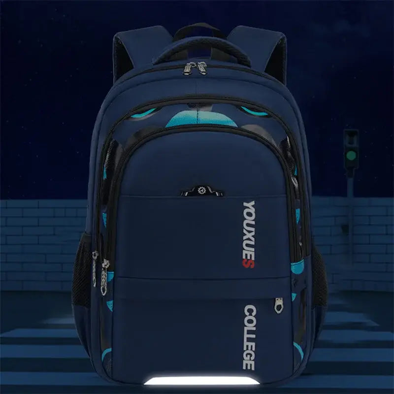 Navyblauer Jungen-Wasserschulrucksack „youxue“ College-Rucksack mit Akzenten in Petrol und reflektierendem Streifen unten