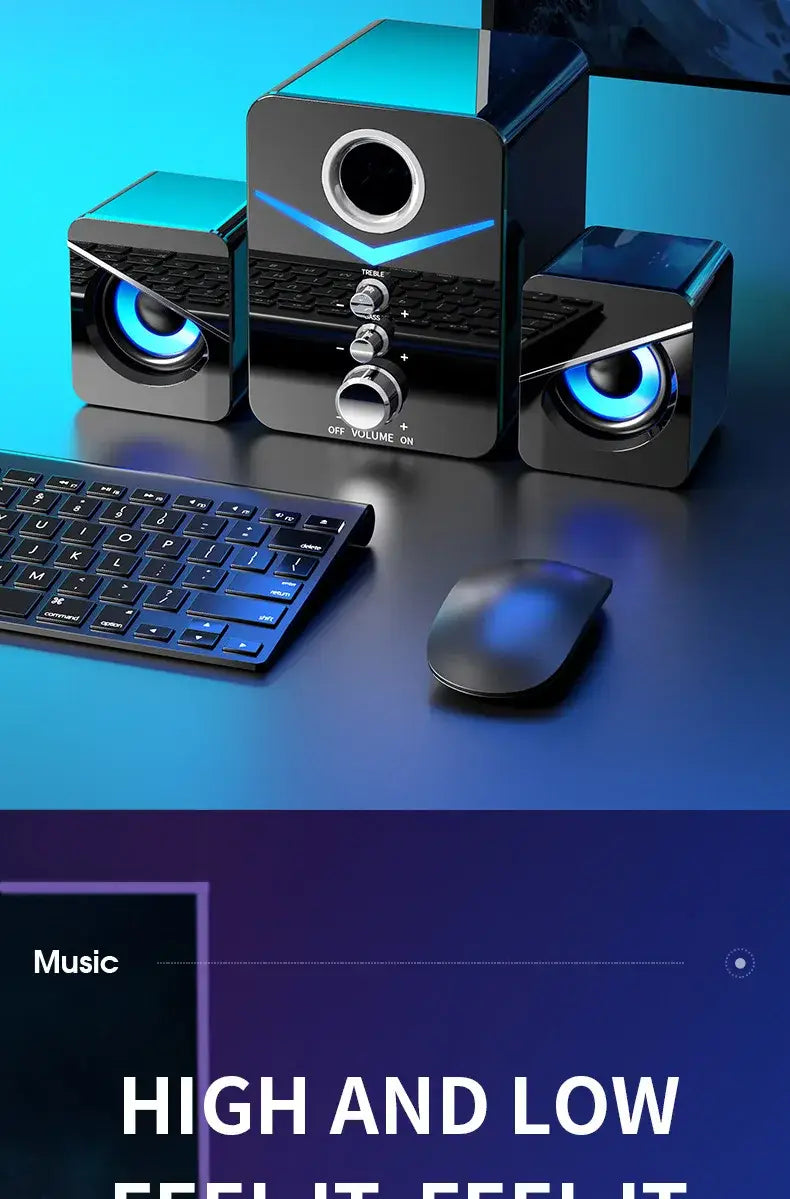 Système d’enceinte de jeu Bluetooth en forme de cube noir avec caisson de basses à DEL, présentant un éclairage à DEL bleues et des boutons de commande argentés.