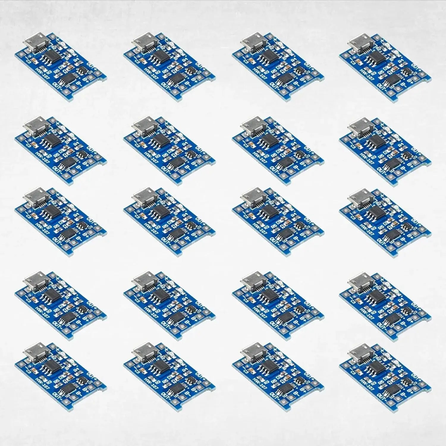 blue rectangular tp4056 usb charging circuit boards with silver connectors and black components for 18650 lithium battery charging 10pcs set