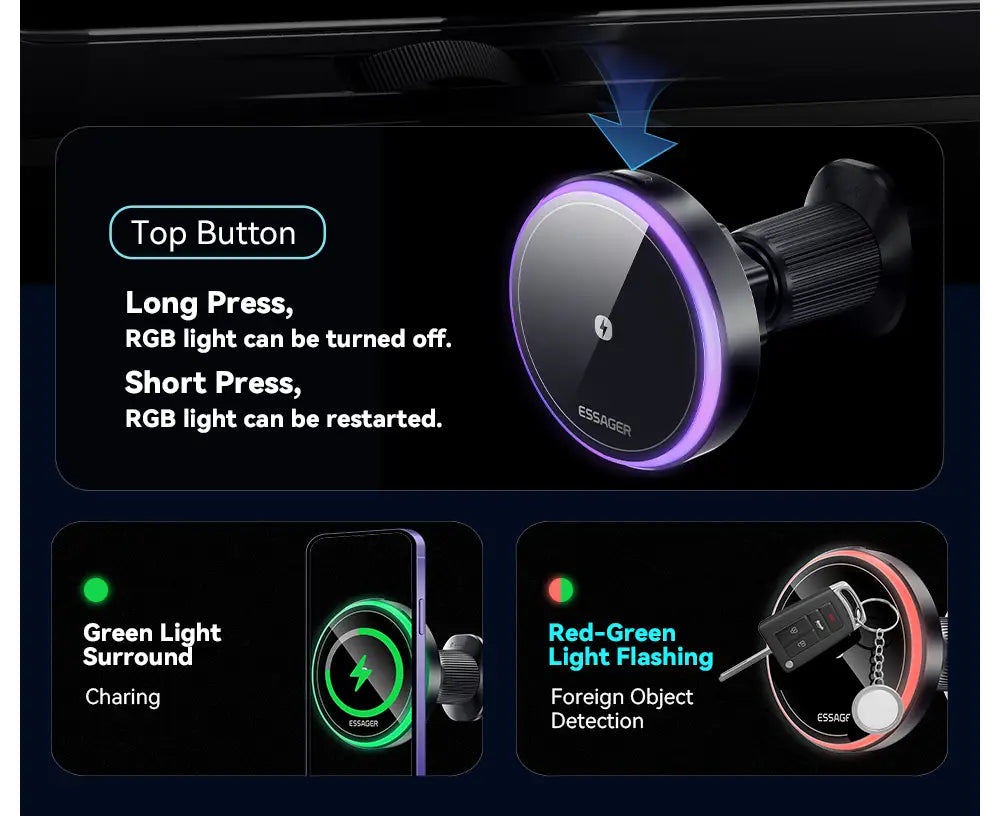 Black essager 15w magnetic wireless car charger mount with circular base purple led ring lighting and textured grip for secure phone charging.