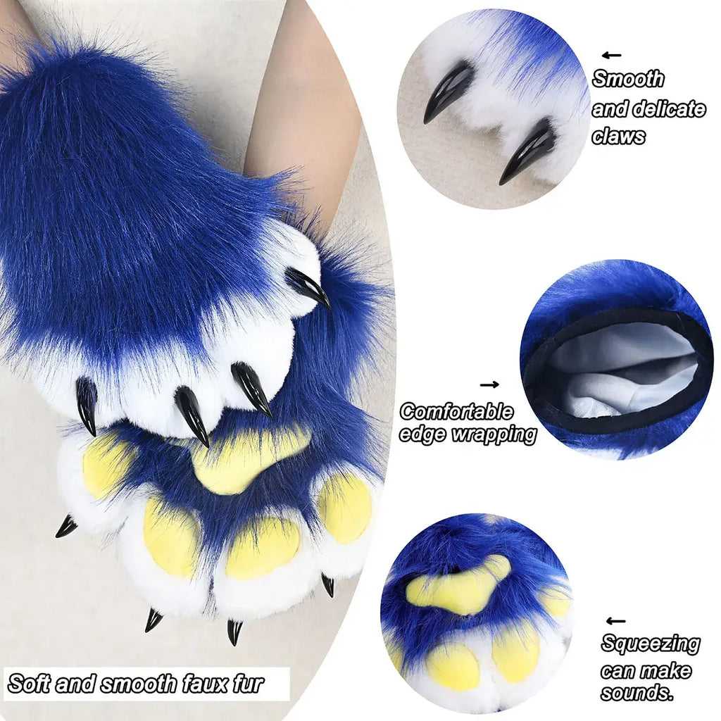 Blue and white faux fur cat claw gloves with black claws and yellow pads showing a comfortable fit for cosplay