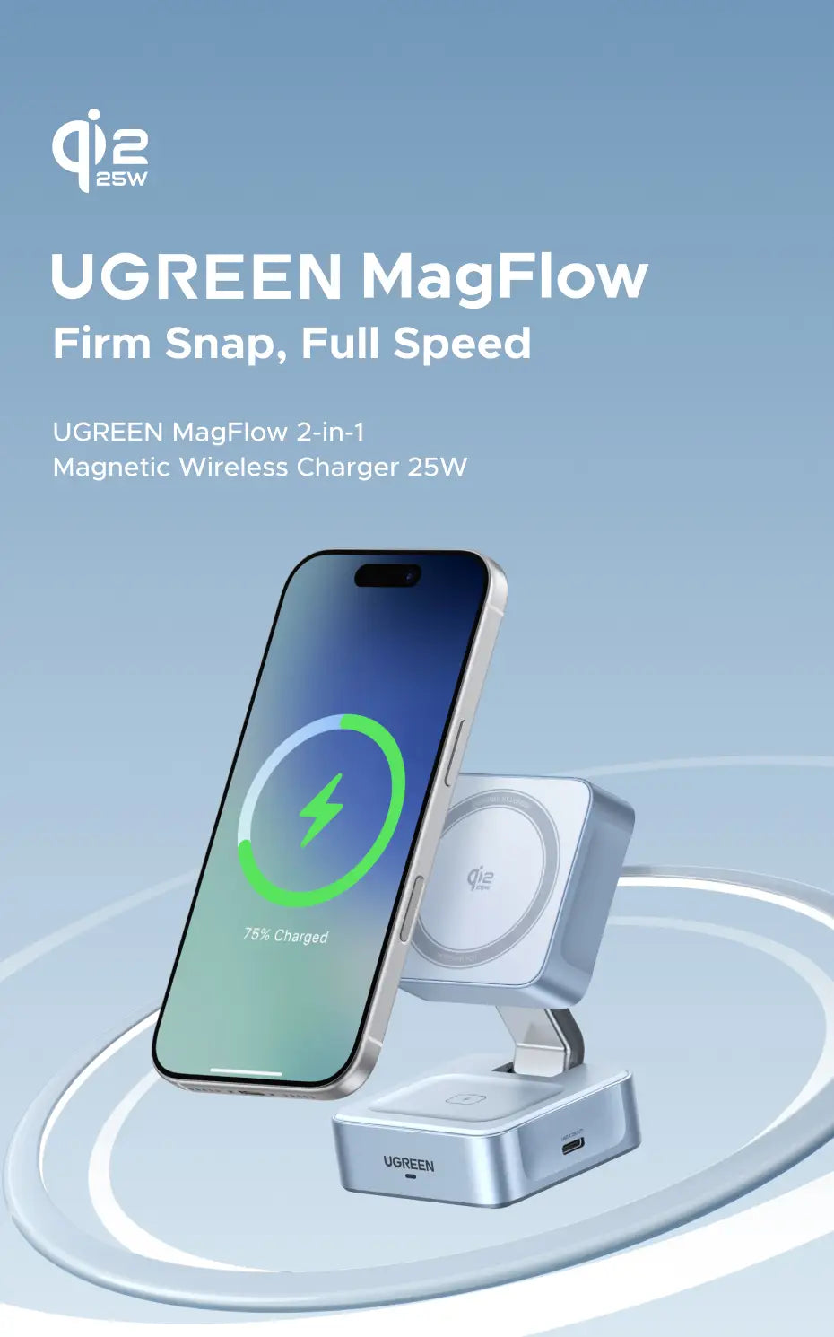 Silberner Ugreen Magflow 2-in-1 magnetischer kabelloser Ladegeräte-Ständer mit elegantem modernem Design und zwei Ladeanschlüssen für magnetisches kabelloses Laden sowie Kompatibilität mit kabellosen Ladegeräten für iPhone.