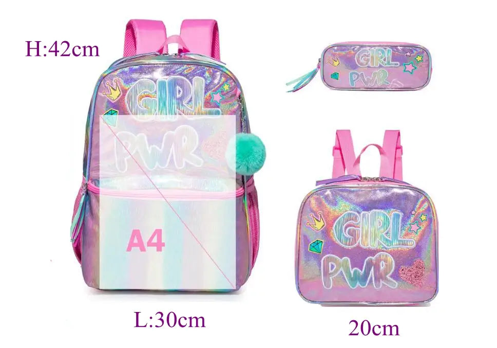 Schulrucksack-Set für Mädchen in schimmerndem Pink und Violett holografisch mit einem glitzernden „Girl Pwr“-Design mit Sternen, Kronen und einem Zubehörteil mit türkisem Pompon.