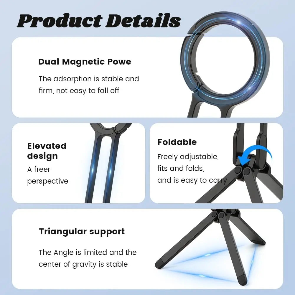 Black foldable tripod stand with a circular magnetic ring at the top for use as a magnetic phone stand.
