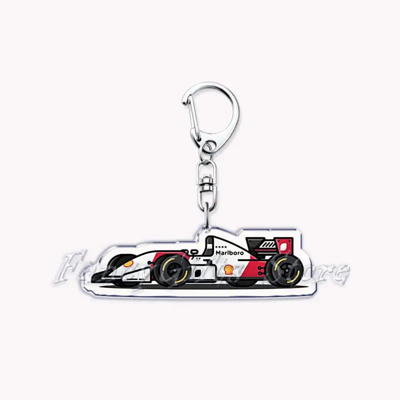 Nissan Skyline acrylic car keychain featuring a sleek white and red formula 1 race car design with black tires and a Marlboro logo on its side.