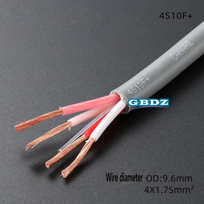 外径9.6mm、断面積4x1.75mm²と表示された、2本がピンク、1本が白、1本が赤の絶縁酸素不使用銅線を備える、グレーアーマード4コアスピーカーケーブル（「4s10f」表記付き）です。加えて