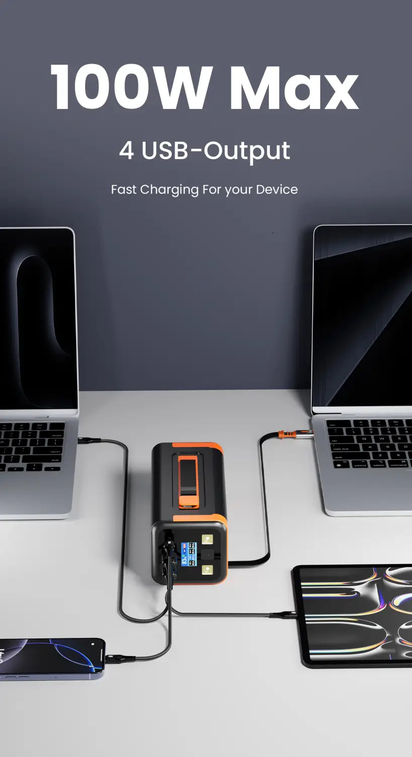 Power bank Asometech 50000 mAh, 100 W, à charge rapide, en noir et orange, conception portable, avec quatre sorties USB pour une charge rapide.