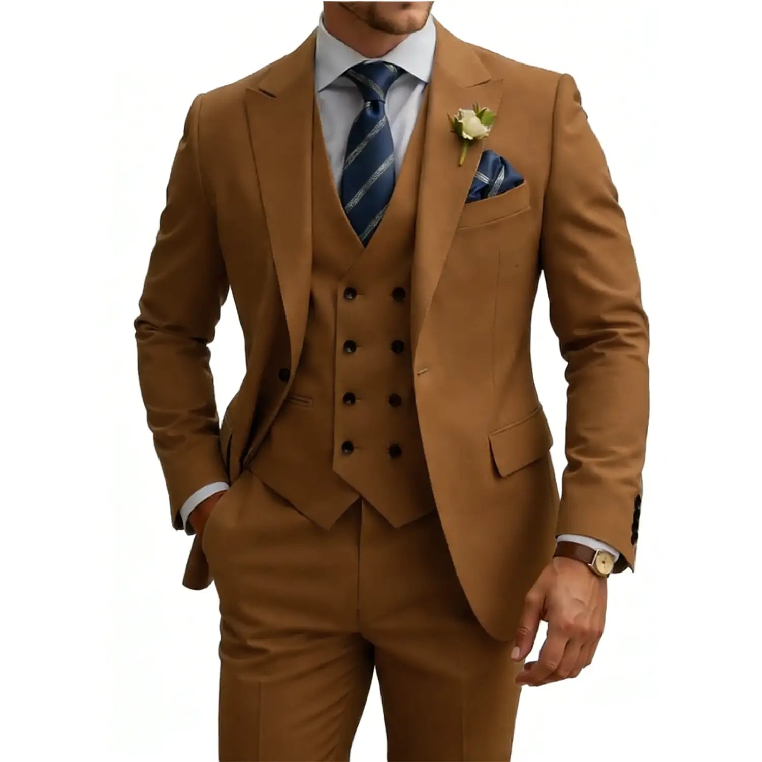 Un costume trois pièces beige camel pour hommes, taillé, avec un gilet en double boutonnage et un pantalon assorti.
