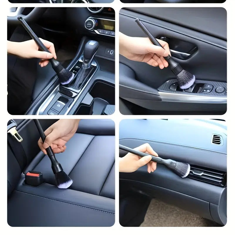 Detailreinigungsbürste für den Innenraum eines schwarzen Fahrzeugs mit weichen Borsten und einem langen Griff für eine effektive Fahrzeugreinigung.