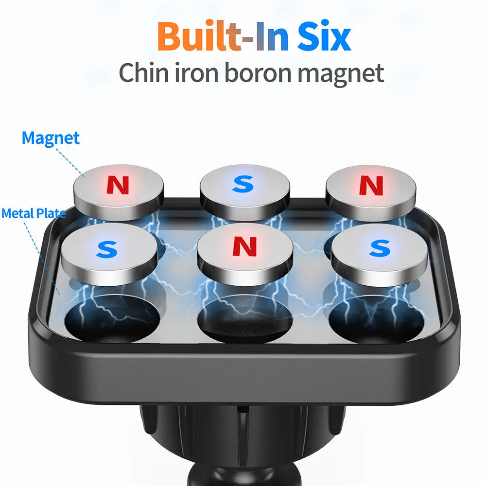 black magnetic gooseneck long arm phone holder with six silver-toned circular magnets arranged in a grid pattern for secure device attachment.