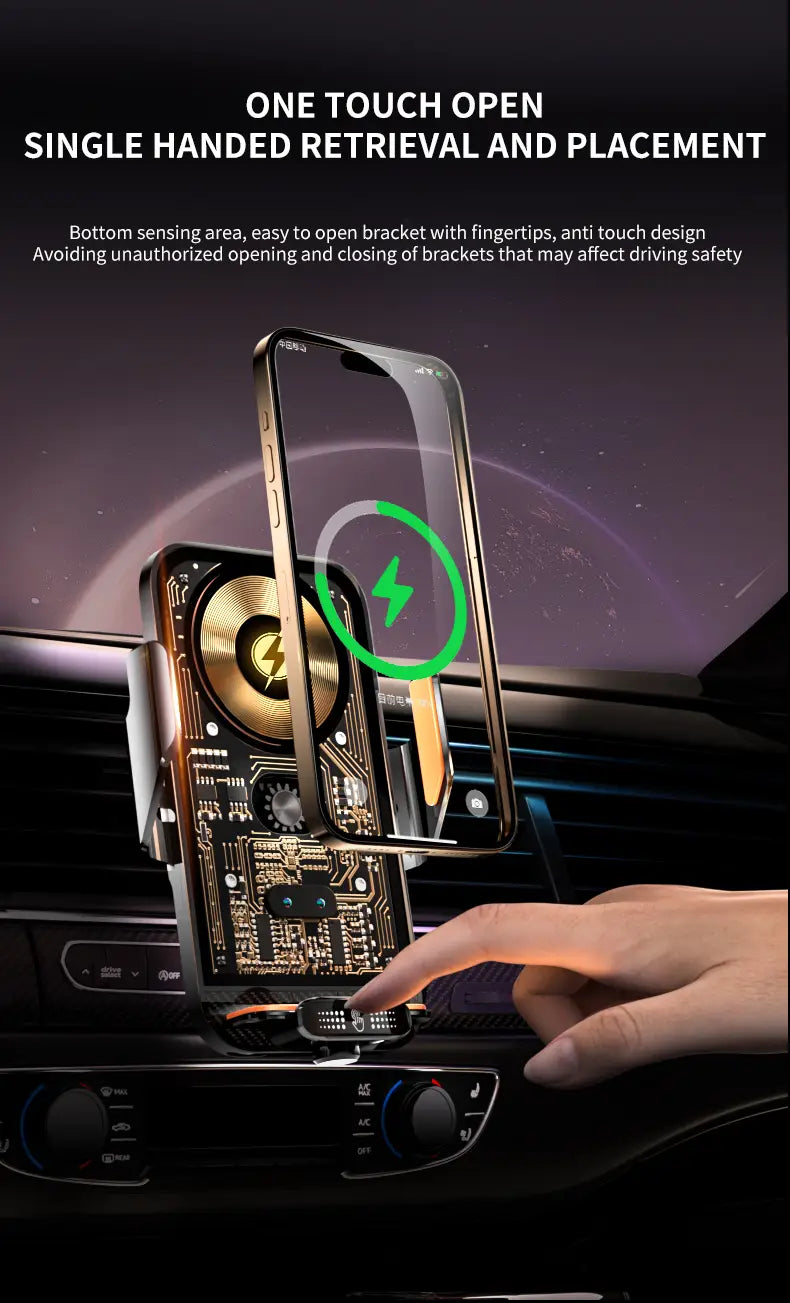 Black and gold wireless charger phone holder with infrared auto clamping and anti-touch mechanism for secure one-hand operation and wireless charging in car.