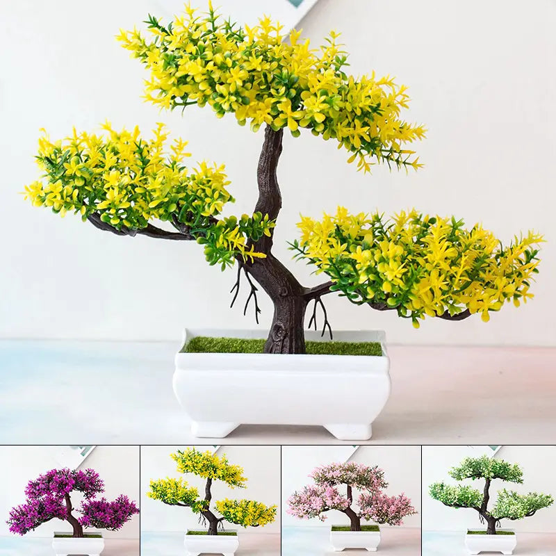 Plantes artificielles de type bonsaï à fleurs jaunes, petit pot d’arbre, dans un pot en céramique blanche pour la décoration intérieure, en tant que plante en pot.