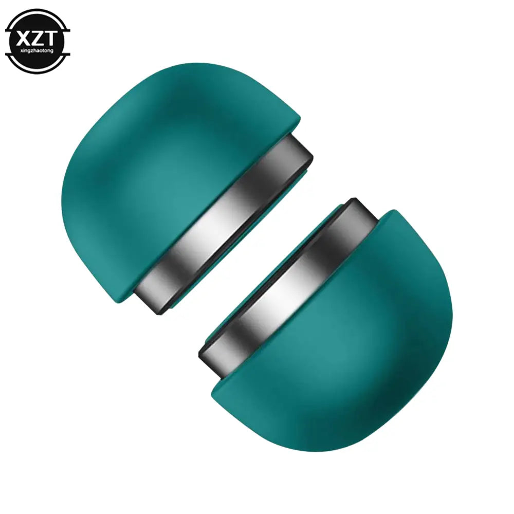 Teal-farbene Silikon-Ohrstöpsel mit metallisch silbernen magnetischen Ringen, vorgestellt mit einem klappbaren Mini-Laptop-Ständer-Kühlerhalter.