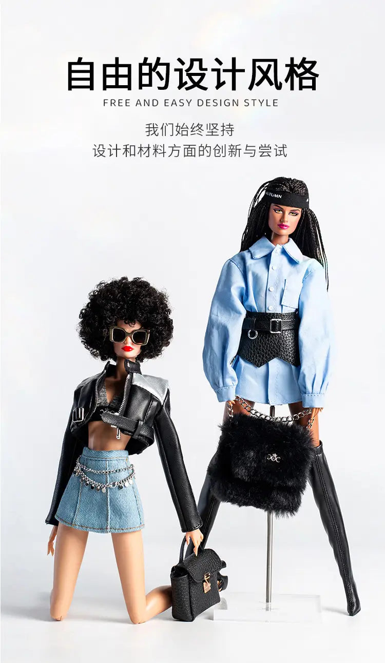 Black leather handbag with silver hardware and a chain strap for futuristic retro doll outfit for 30cm 1/6 models.