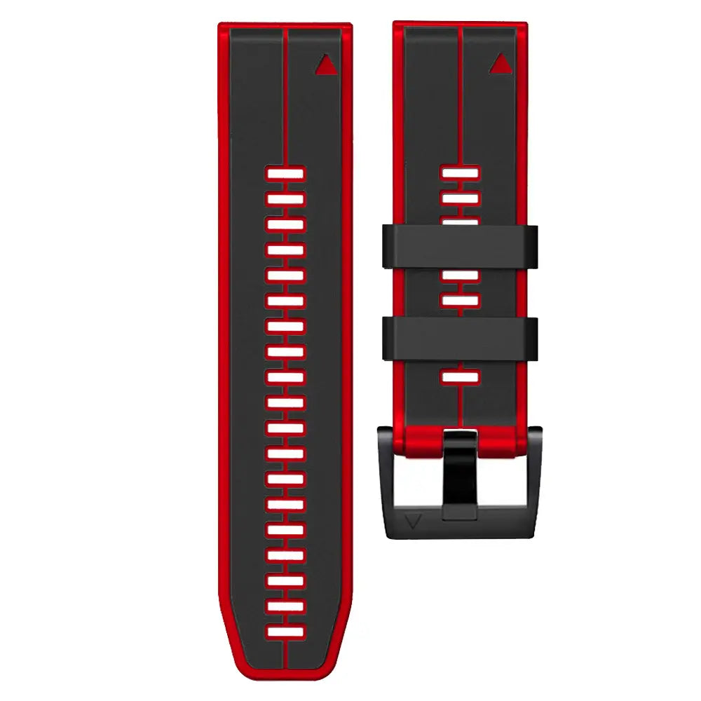 Rotes und schwarzes Silikonarmband für Garmin Fenix und Garmin Forerunner mit schlankem, sportlichem Design und weißen rechteckigen Aussparungen entlang der Länge