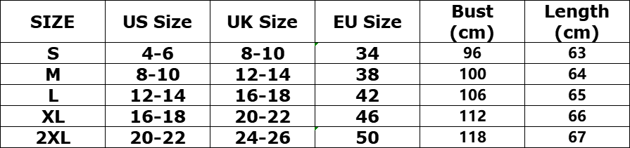 the image shows a size chart for women’s fitted long sleeve silk blouse dress shirt with us uk eu measurements and bust length dimensions.