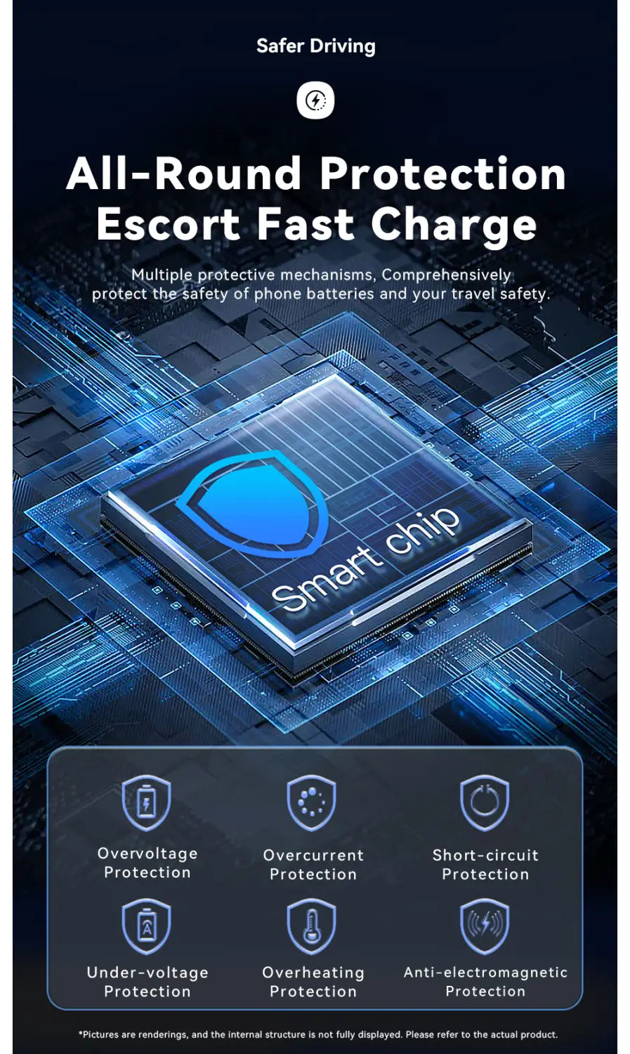 blue shield-shaped smart chip with smart chip text on a futuristic circuit board design featured in the essager 15w magnetic wireless car charger mount.