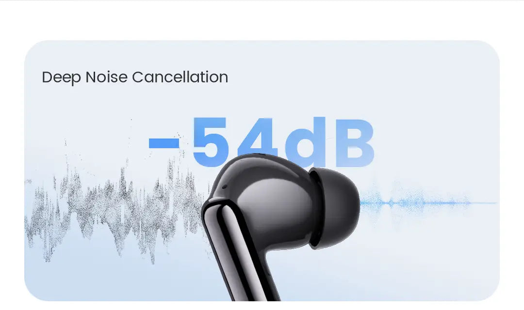 Écouteur sans fil Haylou FlowBuds N55 noir avec une finition brillante élégante et un design ergonomique, offrant une autonomie prolongée et une compatibilité avec l’étui de charge.