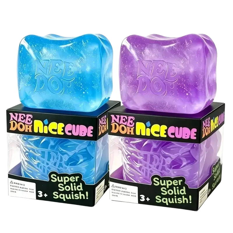 Blue and purple needoh nice big cube shape fidget toy in clear glossy plastic packaging front view