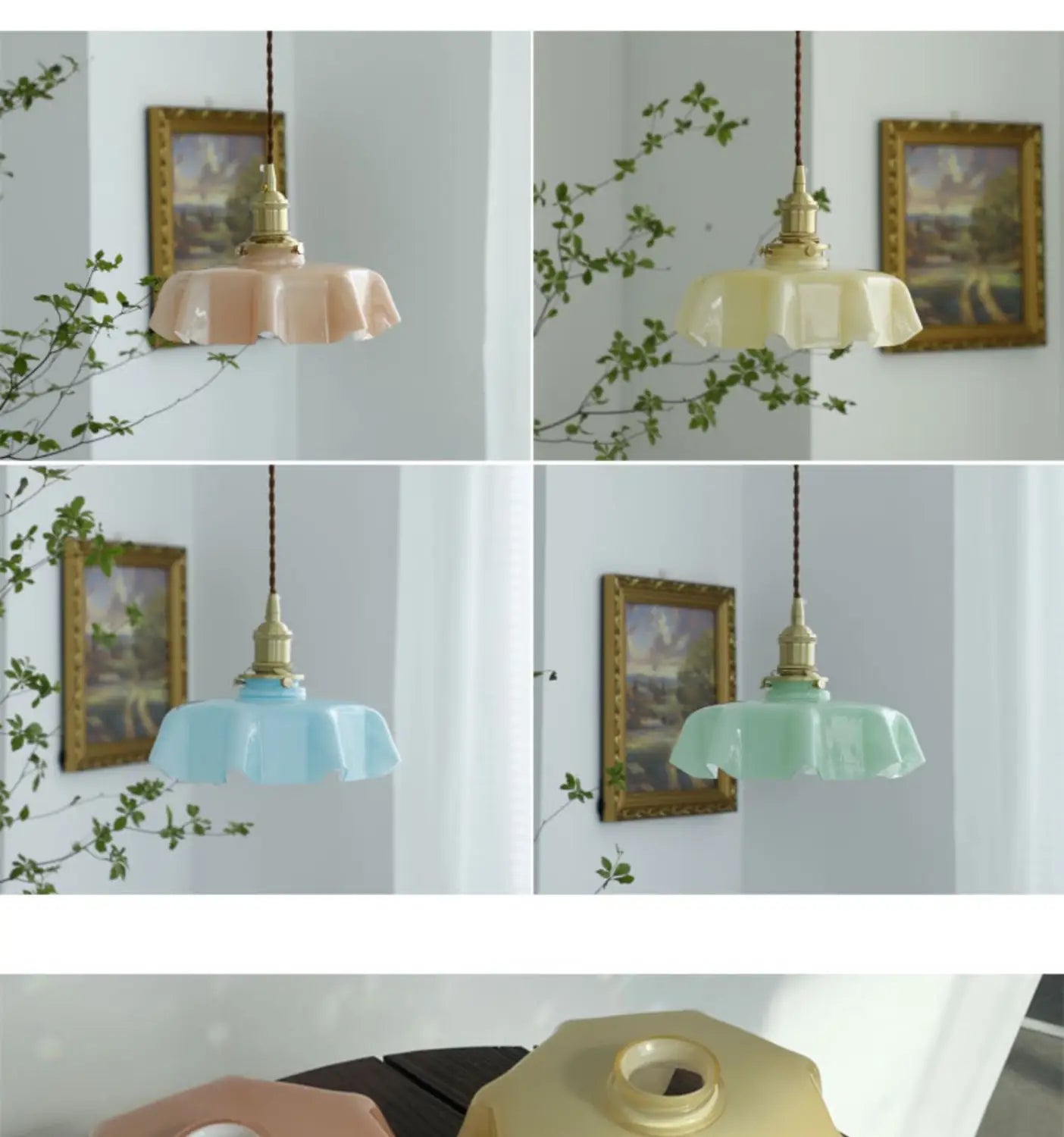 Luminaire suspendu à jupe florale en verre avec abat-jour en verre cannelé aux couleurs pastel et une tête de lampe en cuivre montrée depuis l’avant.