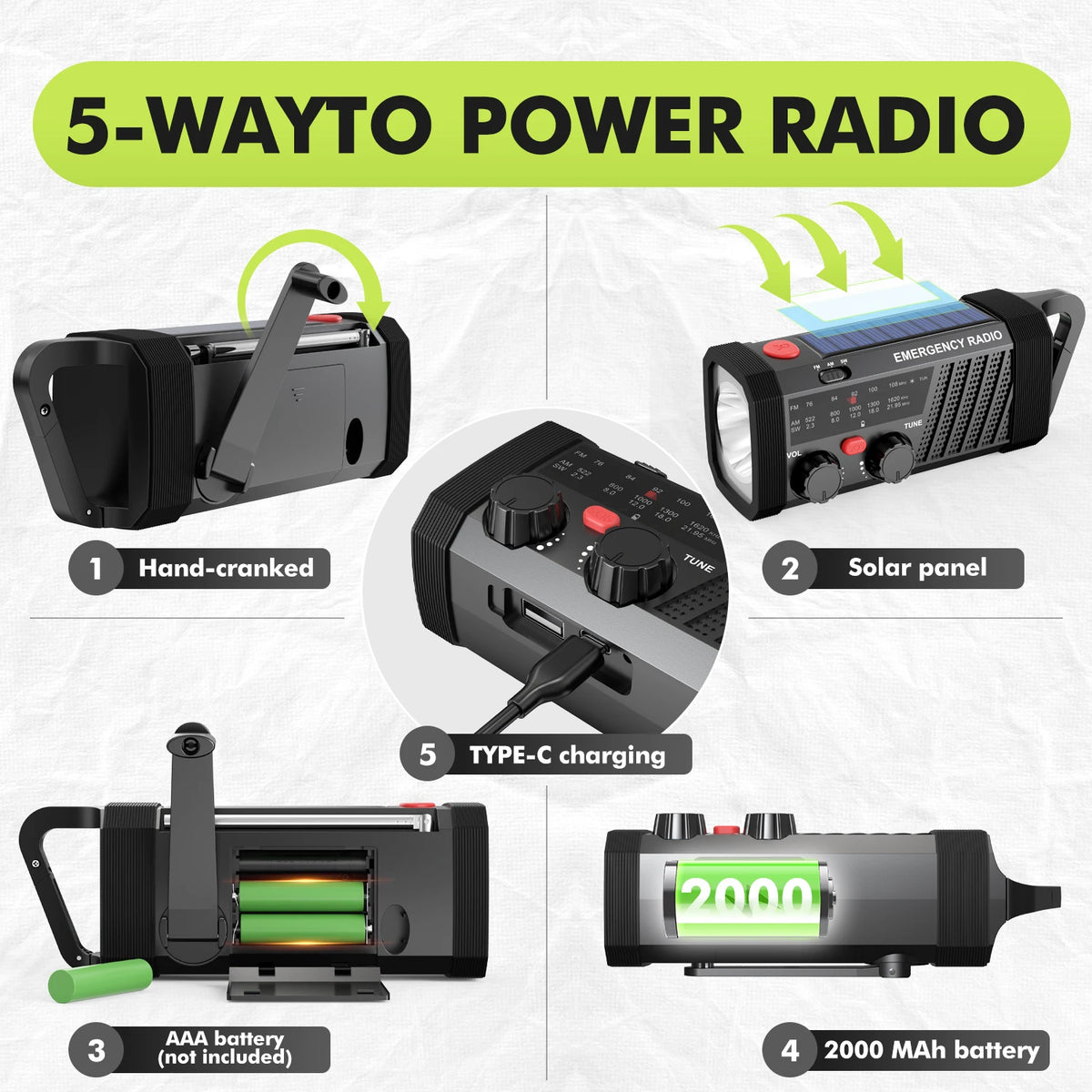 Emergency Radio with SOS Alarm, AM/FM/SW & Flashlight. 2000mAh Battery & Solar/Hand Crank Charging for Outdoor Survival.