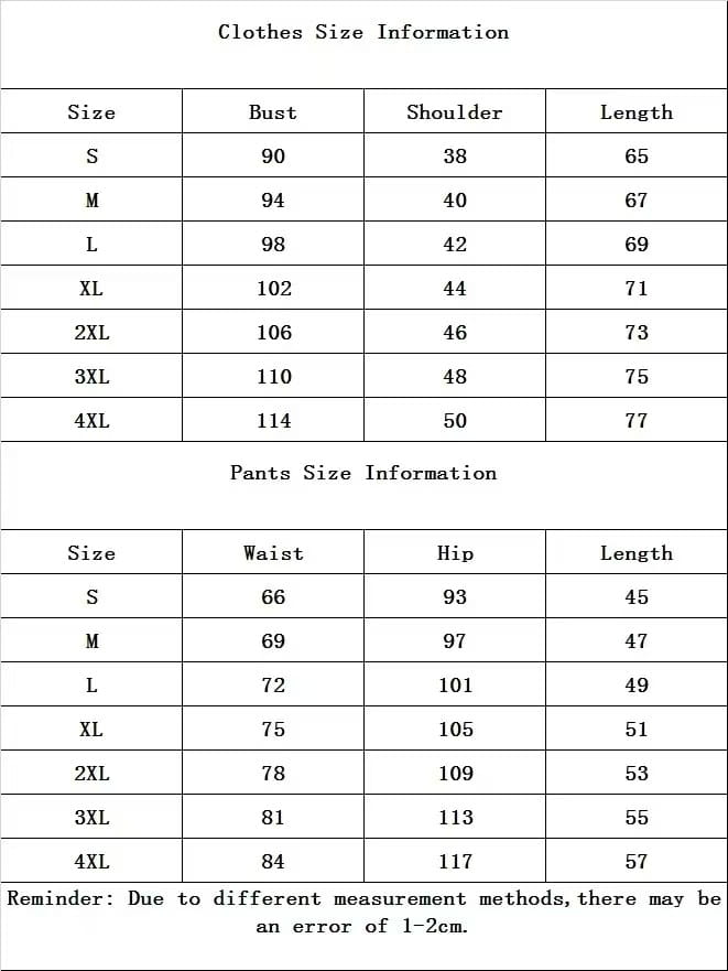 Guide des tailles du vêtement d’ensemble de sport deux-pièces pour homme, d’été, avec mesures pour la poitrine, l’épaule, la longueur des manches, la taille, la hanche et la longueur totale, du S au 4XL.
