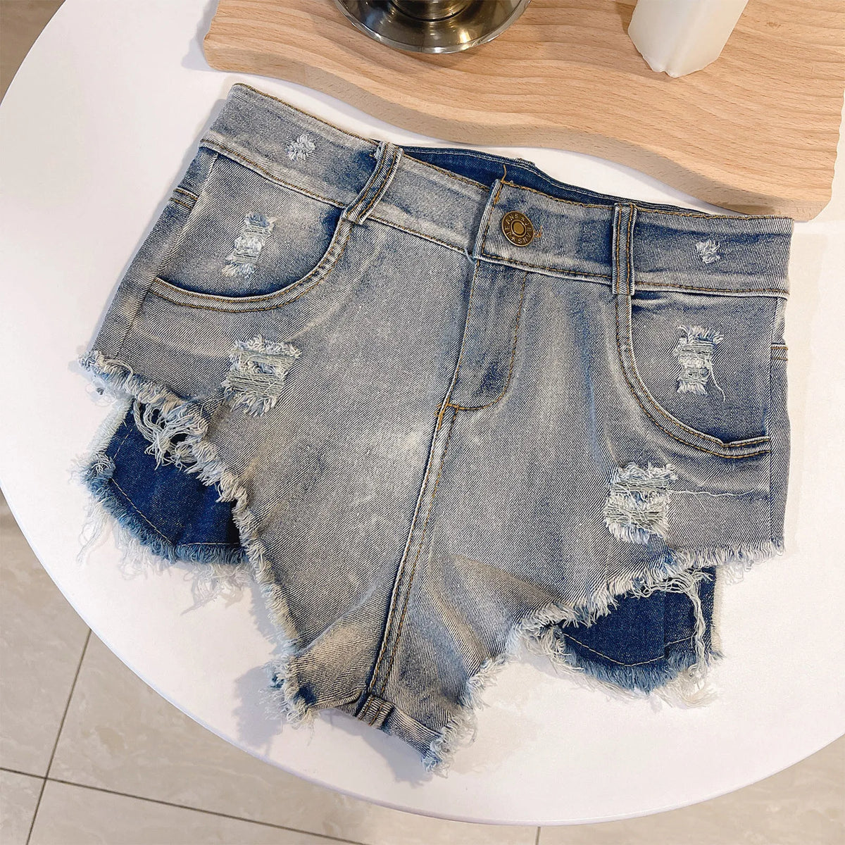 Mens Denim Boxer Shorts Stylish Ripped Bottoms with Pockets Low Rise Raw Trim Distressed Mini Shorts Hot Pants for Rave Party