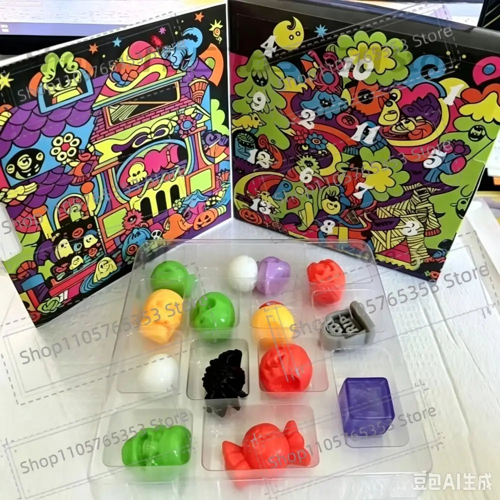 Bunter Halloween-Squishy-Adventskalender im Cartoon-Stil mit nummerierten Türen und einer Ablage mit verschiedenen leuchtenden Kunststofffiguren als Stressabbau-Geschenkbox.