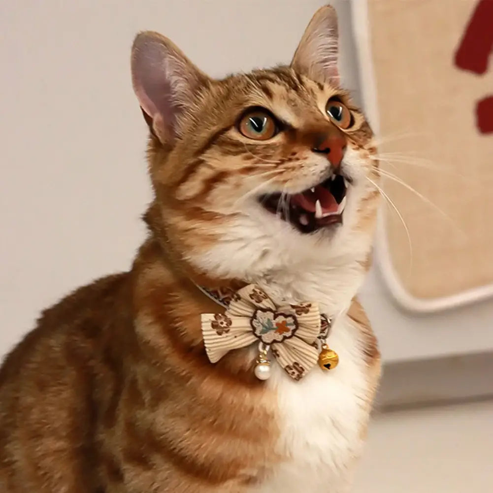 beige floral adjustable length cat collar with bow tie pearl and bell charm for pets