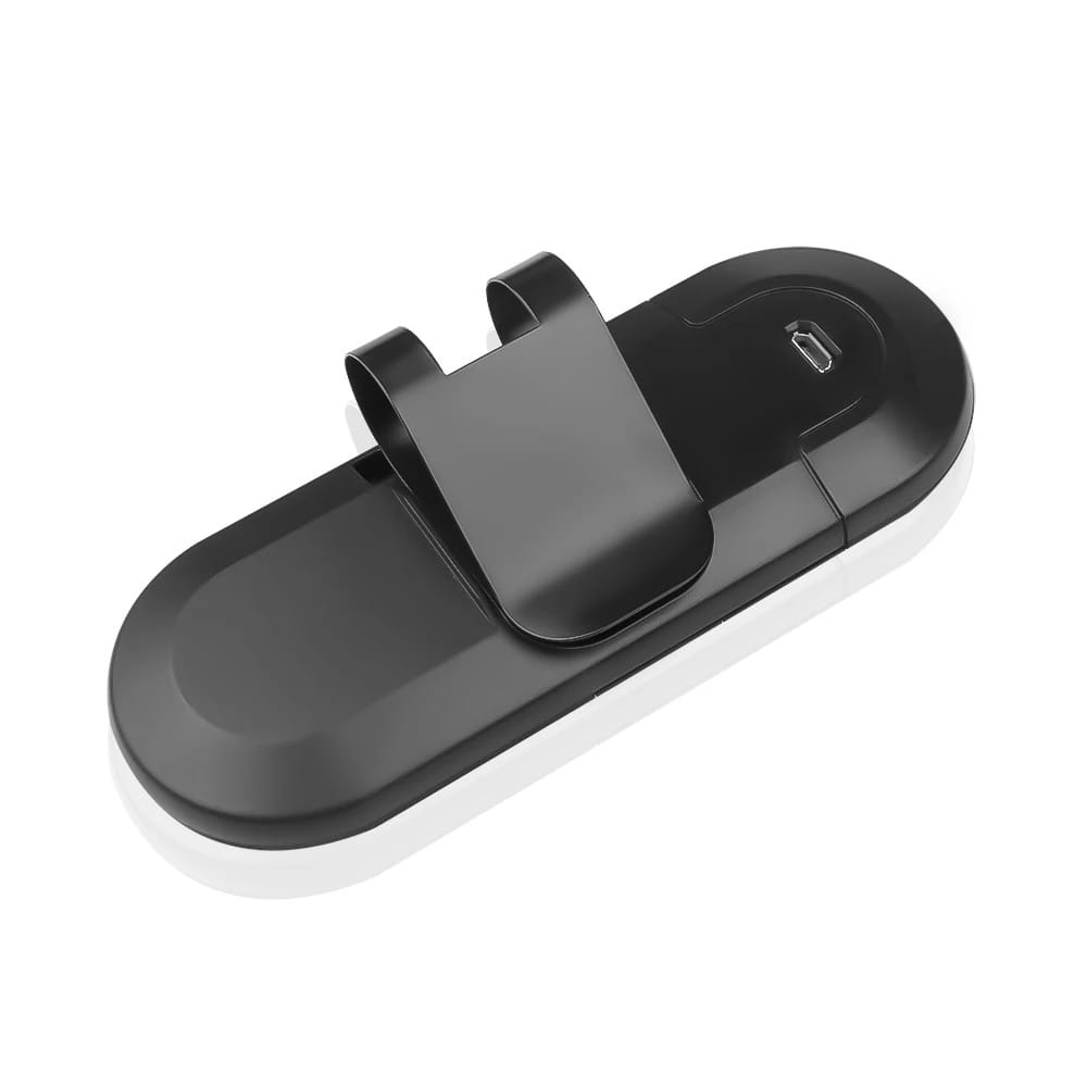 black plastic wireless charging pad with clip-on mount and usb-c port for Bluetooth car speakerphone wireless visor kit