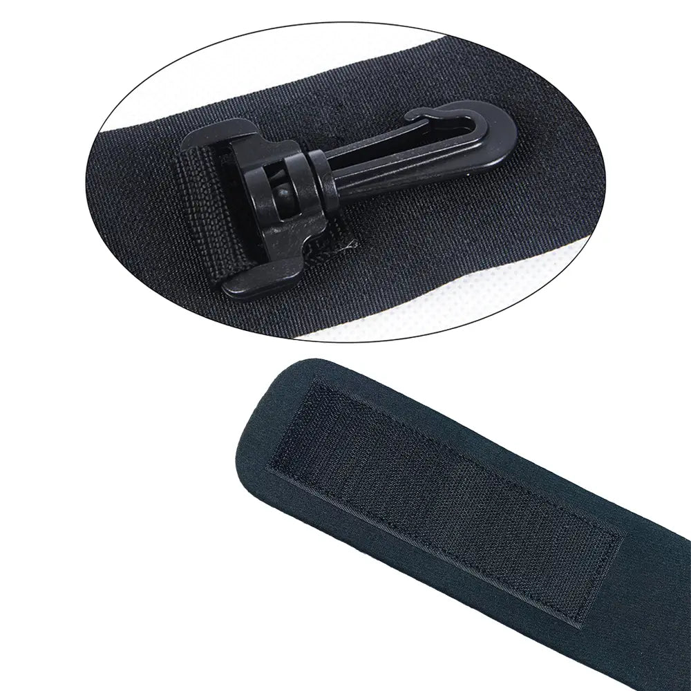 Black nylon strap with a black plastic carabiner clip and velcro patch for the Solo Soccer Training Belt Kick Trainer.