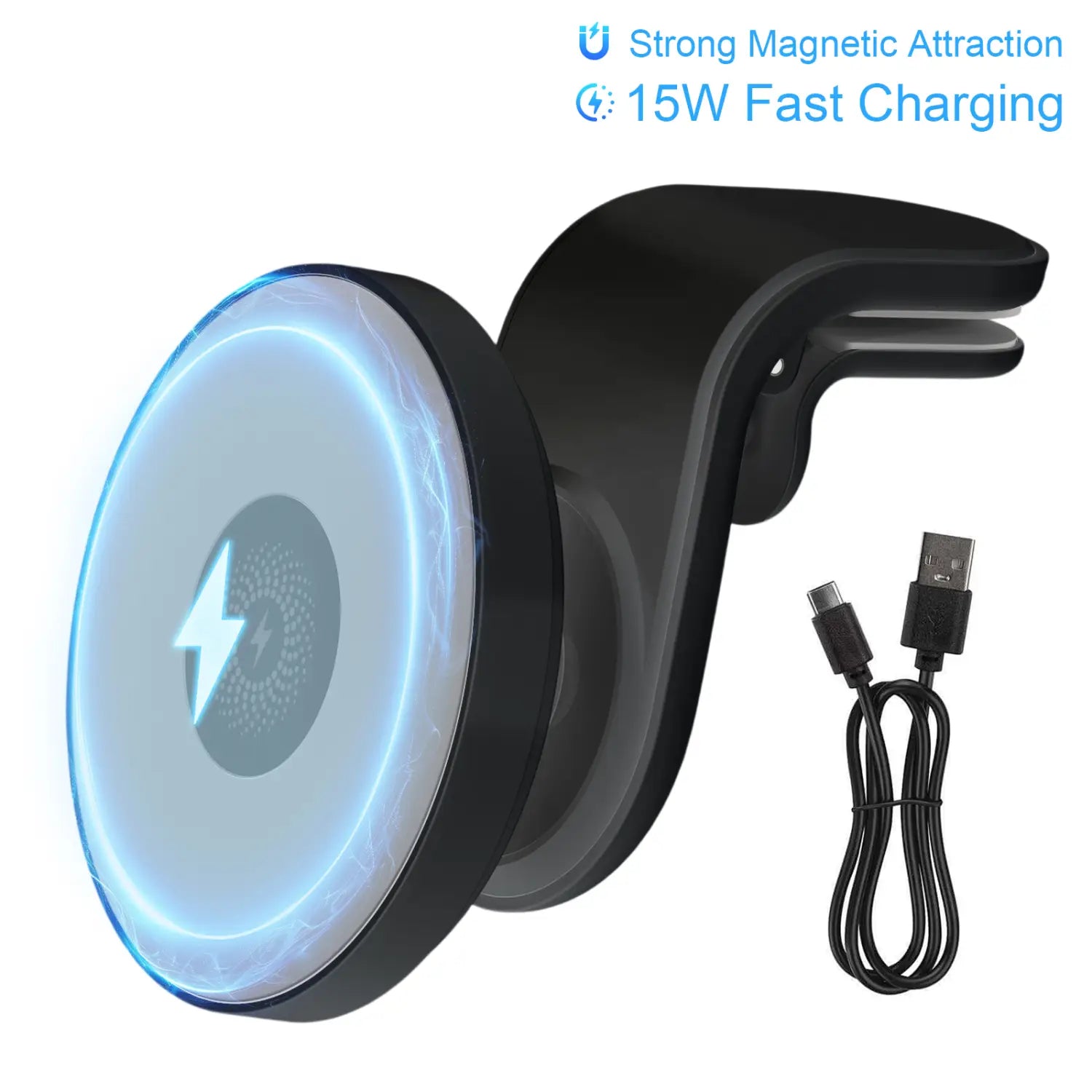 black magnetic wireless car charger with glowing blue circular charging pad and 15w fast charging capability for car wireless use