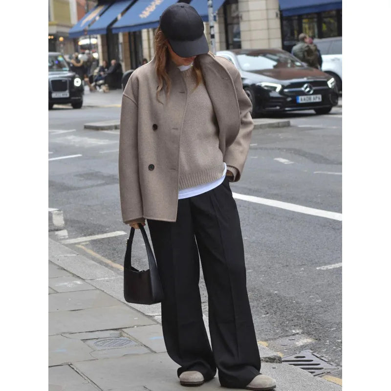 Wool Jacket Coat Women Vintage Woolen Jackets Double Breasted Warm Outerwear Office Lady High Street Overcoat Autumn Winter