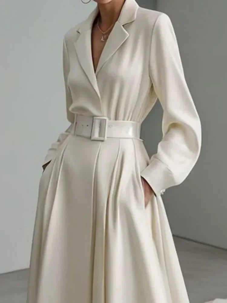 New Party Evening Dresses for Women White Maxi Dress Elegant Long Sleeves Loose No Belt Notched Collar Dresses Women Clothing