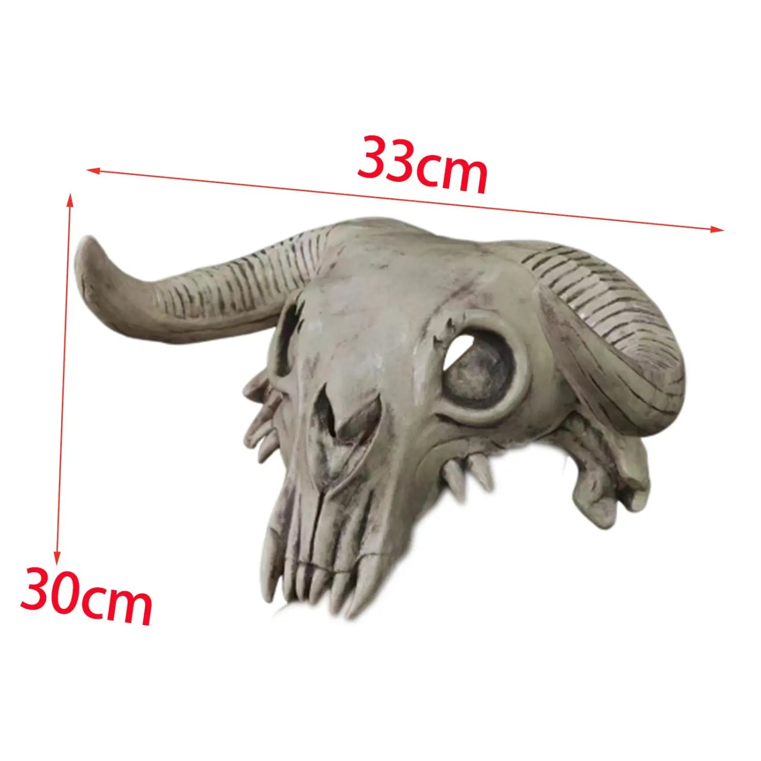 gray resin halloween cosplay mask featuring a bull skull headpiece with detailed ridged horns and sharp teeth designed as a creepy ram skull head mask