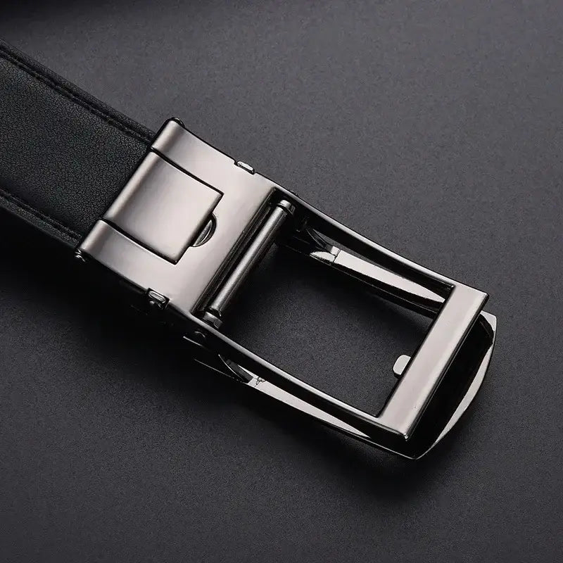 Black leather men’s automatic belt featuring a sleek silver-toned buckle.