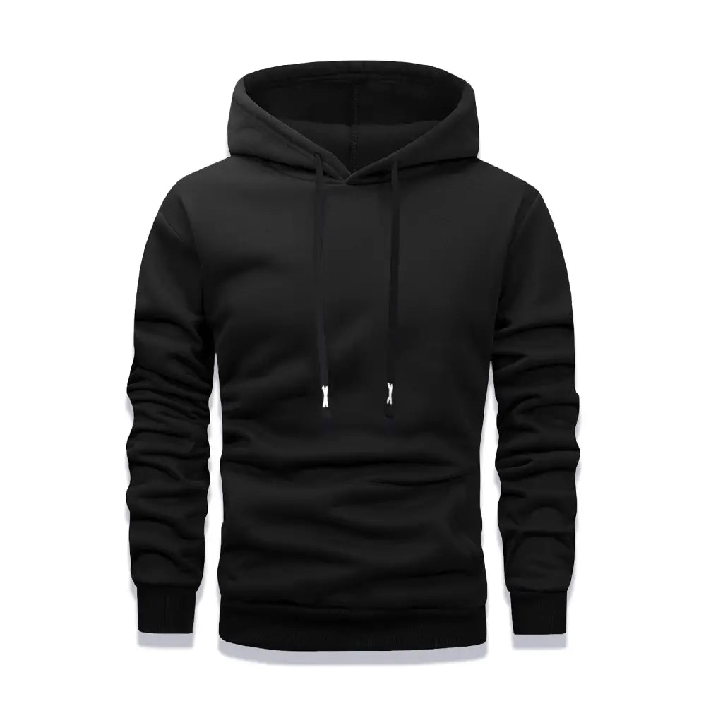 Herren-Fleece-Pullover-Hoodie in Schwarz mit Kapuze und Kordelzügen sowie gerippten Bündchen, geeignet für lässige Winterbekleidung.