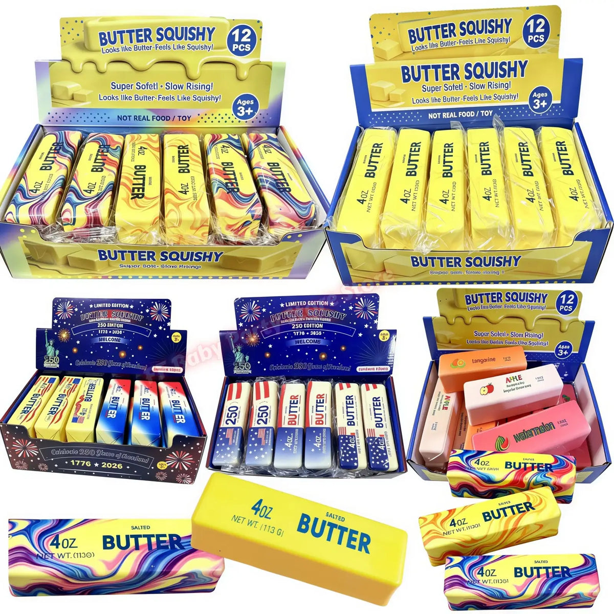 Yellow butter stick squishy toy with rainbow swirls and blue butter text for stress anxiety relief and fidget use