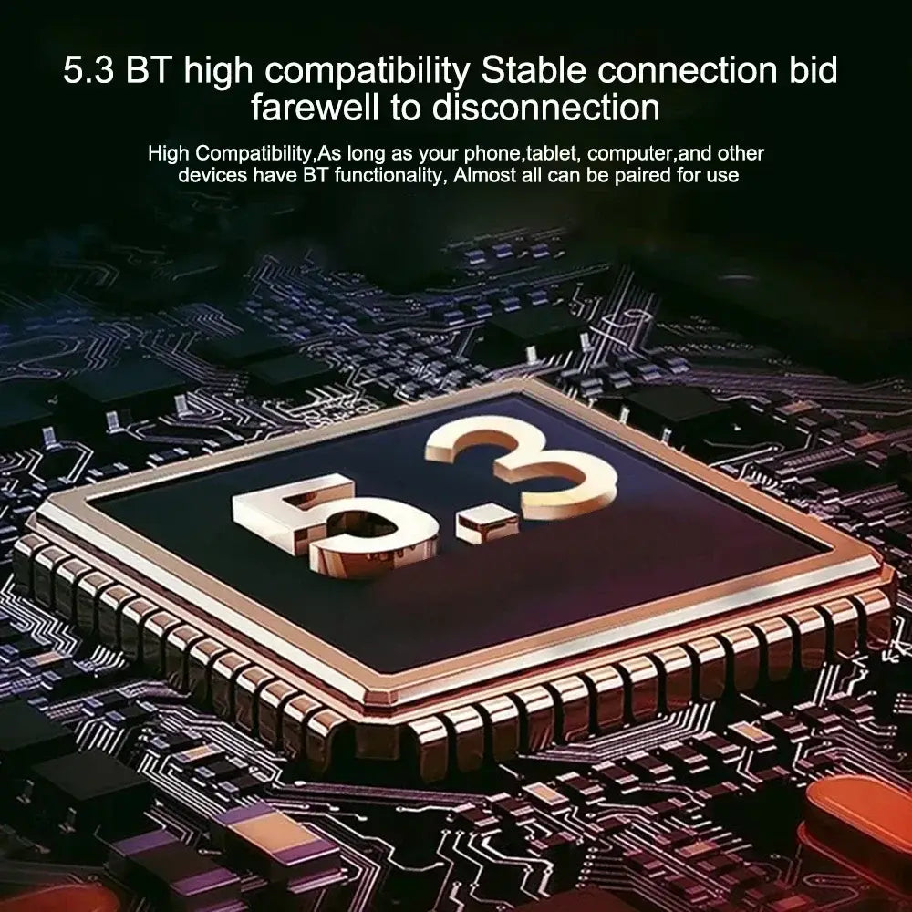 Gold-colored wireless sleeping earbuds featuring a Bluetooth 5.3 chip with metallic finish and raised numerals set against a circuit board background.
