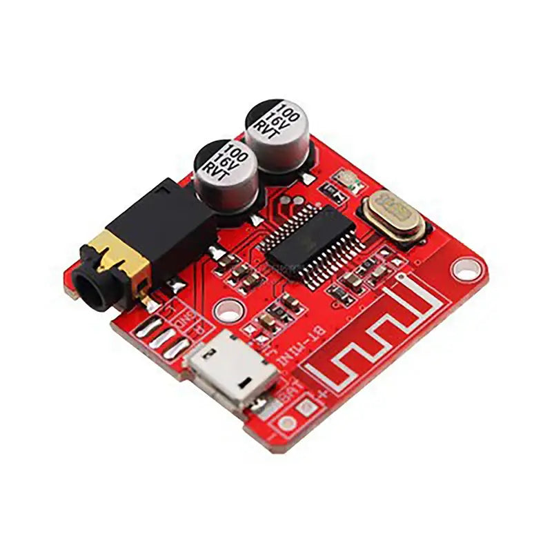 red rectangular cyberpunk led circuit board keychain pendant with black and silver electronic components including a 3.5mm audio jack and usb port