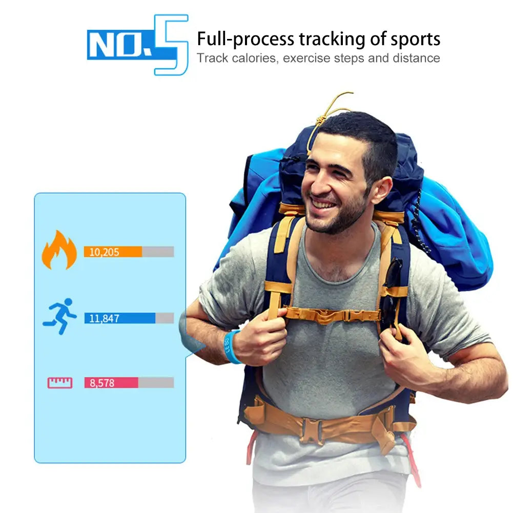 blue and orange hiking backpack with adjustable straps and front pocket shown alongside kids led digital fitness tracker watch for outdoor activities