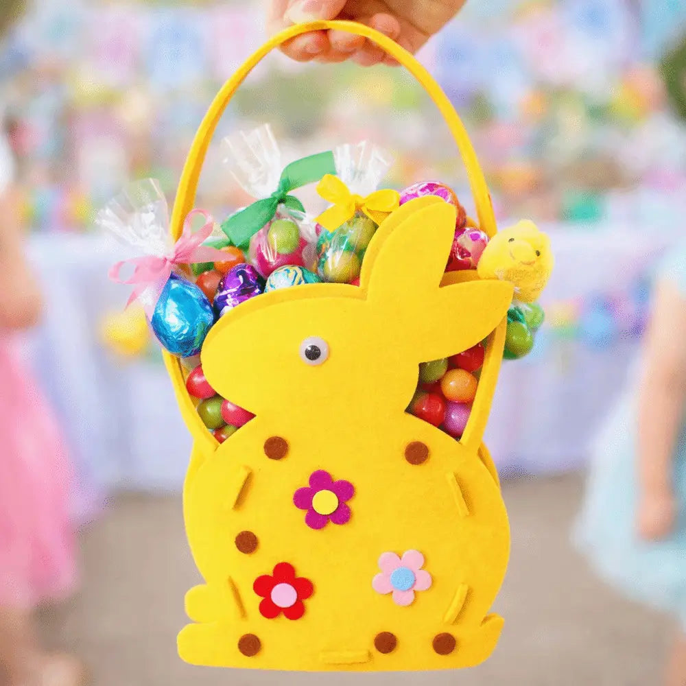 yellow felt easter bunny basket gift bag decorated with colorful flower and dot patterns is a festive and soft storage solution.