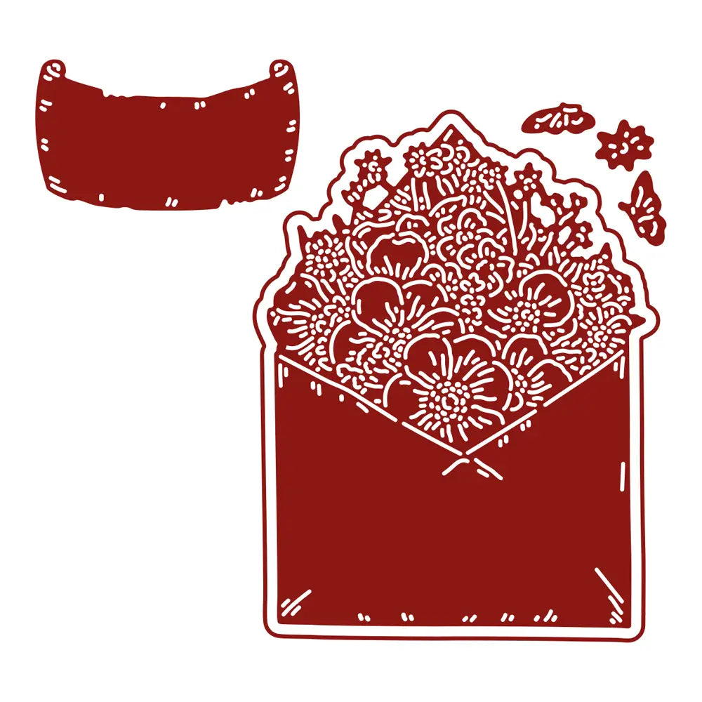 A red valentine metal cutting die for diy cards featuring an envelope design overflowing with intricate white floral and butterfly cutouts.