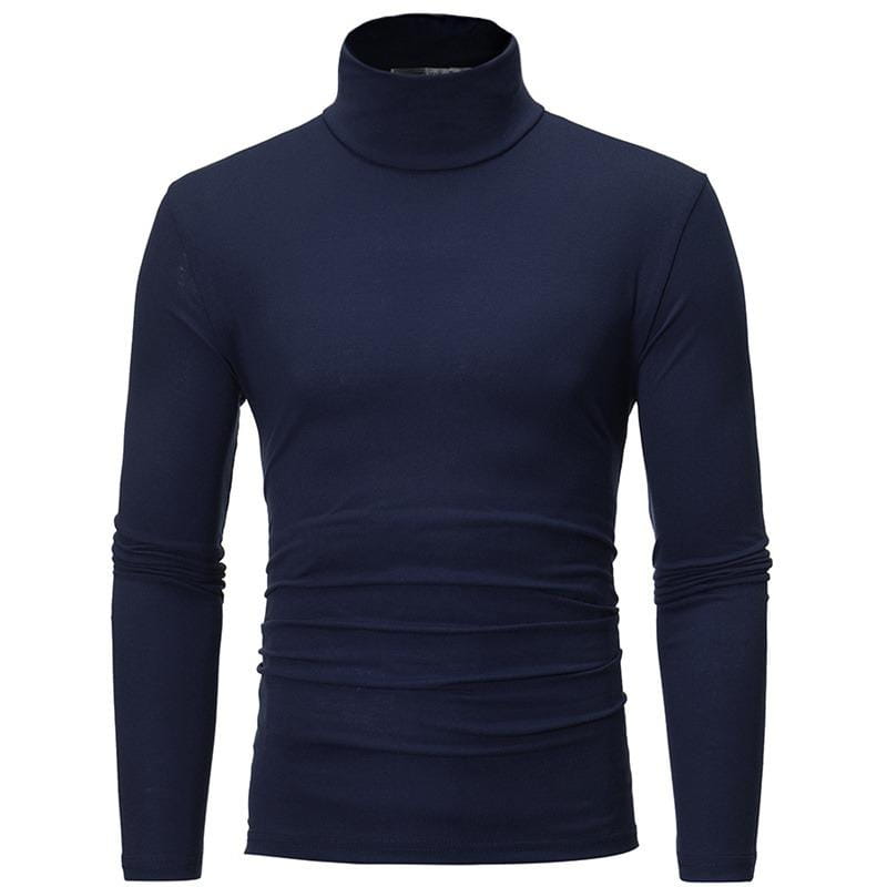 Herren-Thermo-Rollkragenpullover Slim Fit Langarmshirt in dunkelblauem Marine mit figurbetontem Design und dezenten Raffiendetails entlang des Rumpfes und der Ärmel.