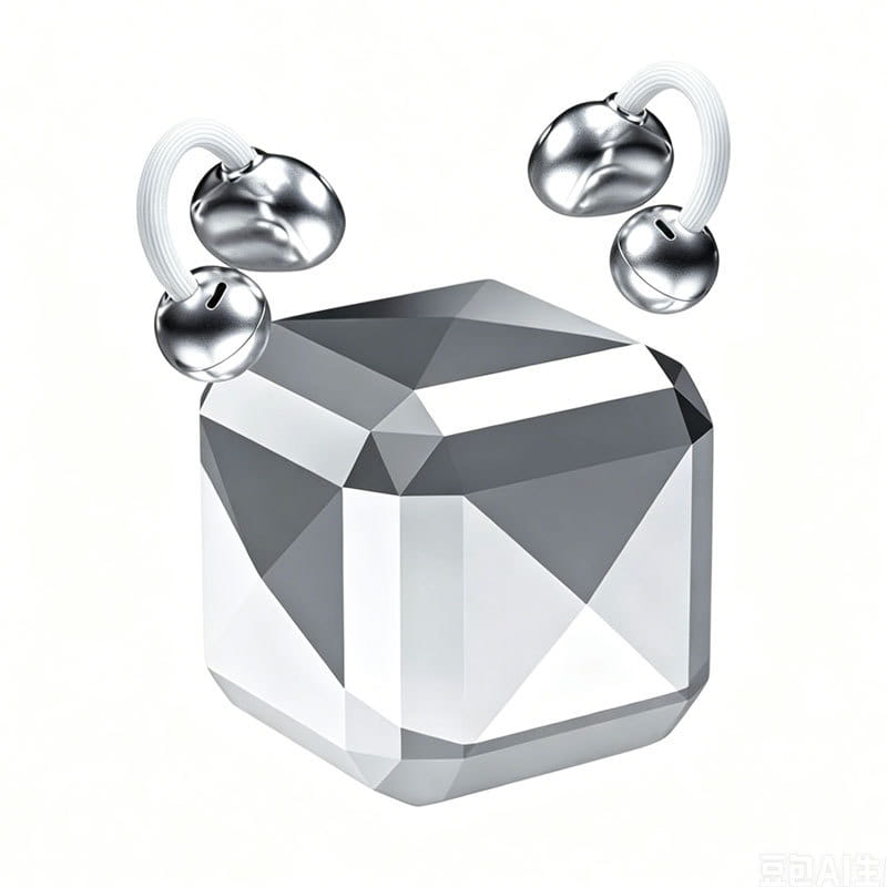Ein eleganter, silberner facettierter Würfel mit vier kompakten silbermetallischen Glöckchen-Akzenten, die mit weißen Kordeln befestigt sind; mit Bluetooth-TWS-Ohrhörern mit Ohrring-Akzenten und Bluetooth-Version-Konnektivität.