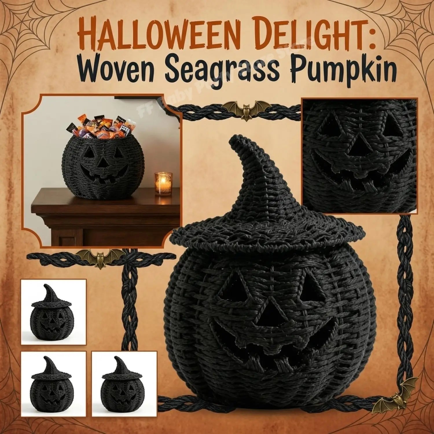 Schwarze, geflochtene Ziergras-Kürbislaterne mit Hexenhut-Deckel und geschnitztem Jack-o’-Lantern-Gesicht für die Halloween-Dekoration.