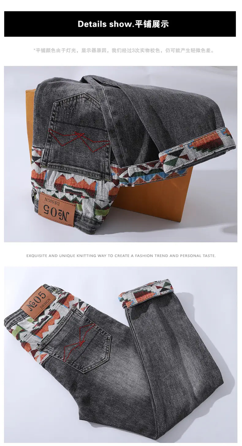 dark gray slim fit stretch denim jeans for men with colorful geometric patterned cuffs and a brown leather brand patch on the back pocket shown from the back side
