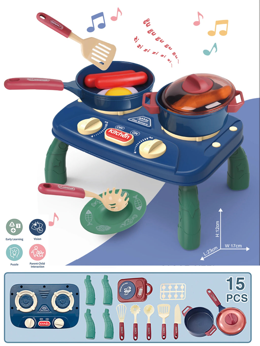 Children's Kitchen Cooking Role-Play Toy Set with Simulated Stove, Lights and Sound Effects, Girls' Role-Play Cooking Set, Parent-Child Interactive Holiday Toy