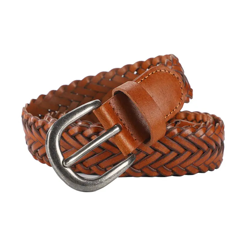 Braided brown leather belt with a silver toned buckle designed as a unisex casual woven accessory.